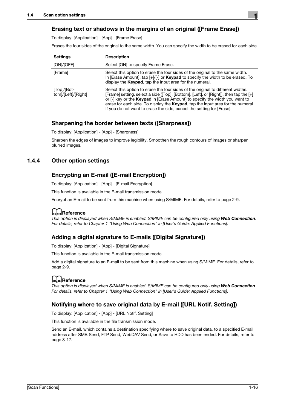 Sharpening the border between texts ([sharpness]), 4 other option settings, Encrypting an e-mail ([e-mail encryption]) | Konica Minolta bizhub 4750 User Manual | Page 21 / 102