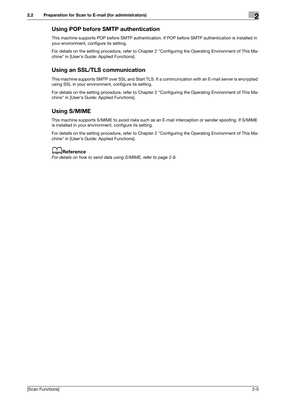 Using pop before smtp authentication, Using an ssl/tls communication, Using s/mime | Using s/mime -5 | Konica Minolta bizhub 4750 User Manual | Page 27 / 102