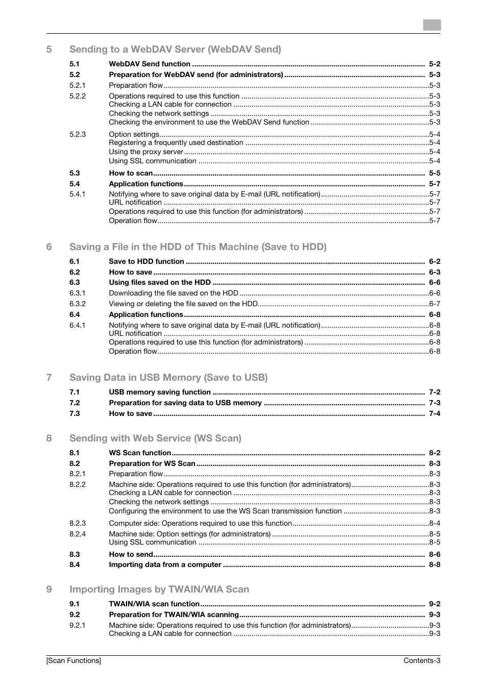 5sending to a webdav server (webdav send), 8sending with web service (ws scan), 9importing images by twain/wia scan | Konica Minolta bizhub 4750 User Manual | Page 4 / 102