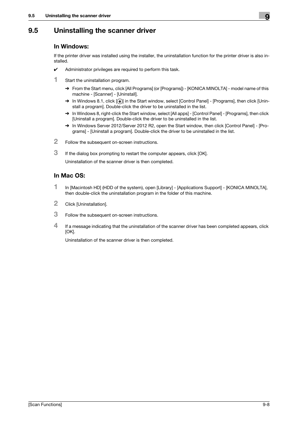 5 uninstalling the scanner driver, In windows, In mac os | Konica Minolta bizhub 4750 User Manual | Page 92 / 102