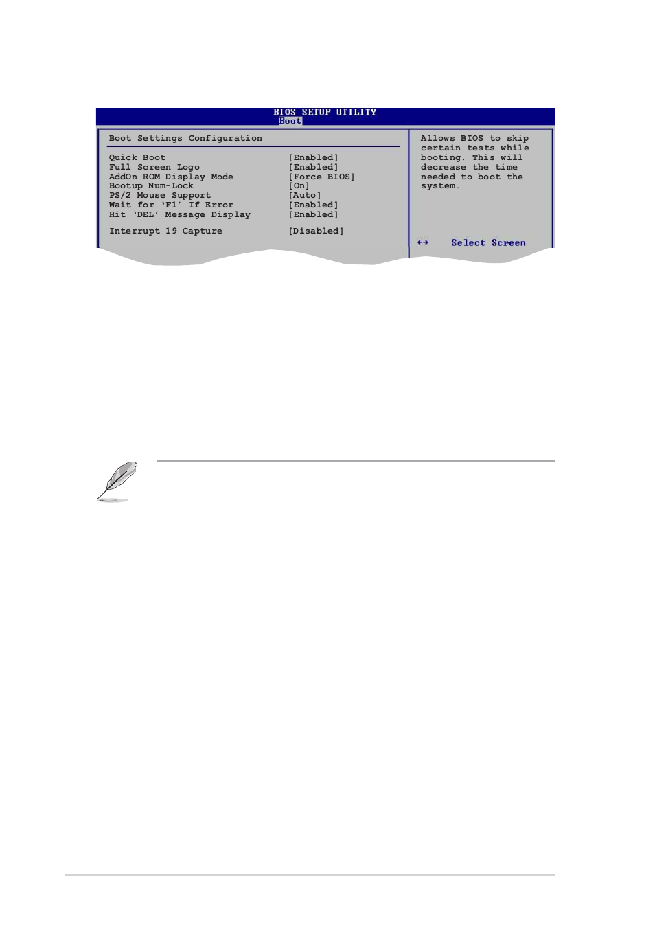 2 boot settings configuration, Quick boot [enabled, Full screen logo [enabled | Add on rom display mode [force bios, Bootup num-lock [on, Ps/2 mouse support [auto, Wait for ‘f1’ if error [enabled, 34 chapter 4: bios setup | Asus K8V SE User Manual | Page 100 / 140