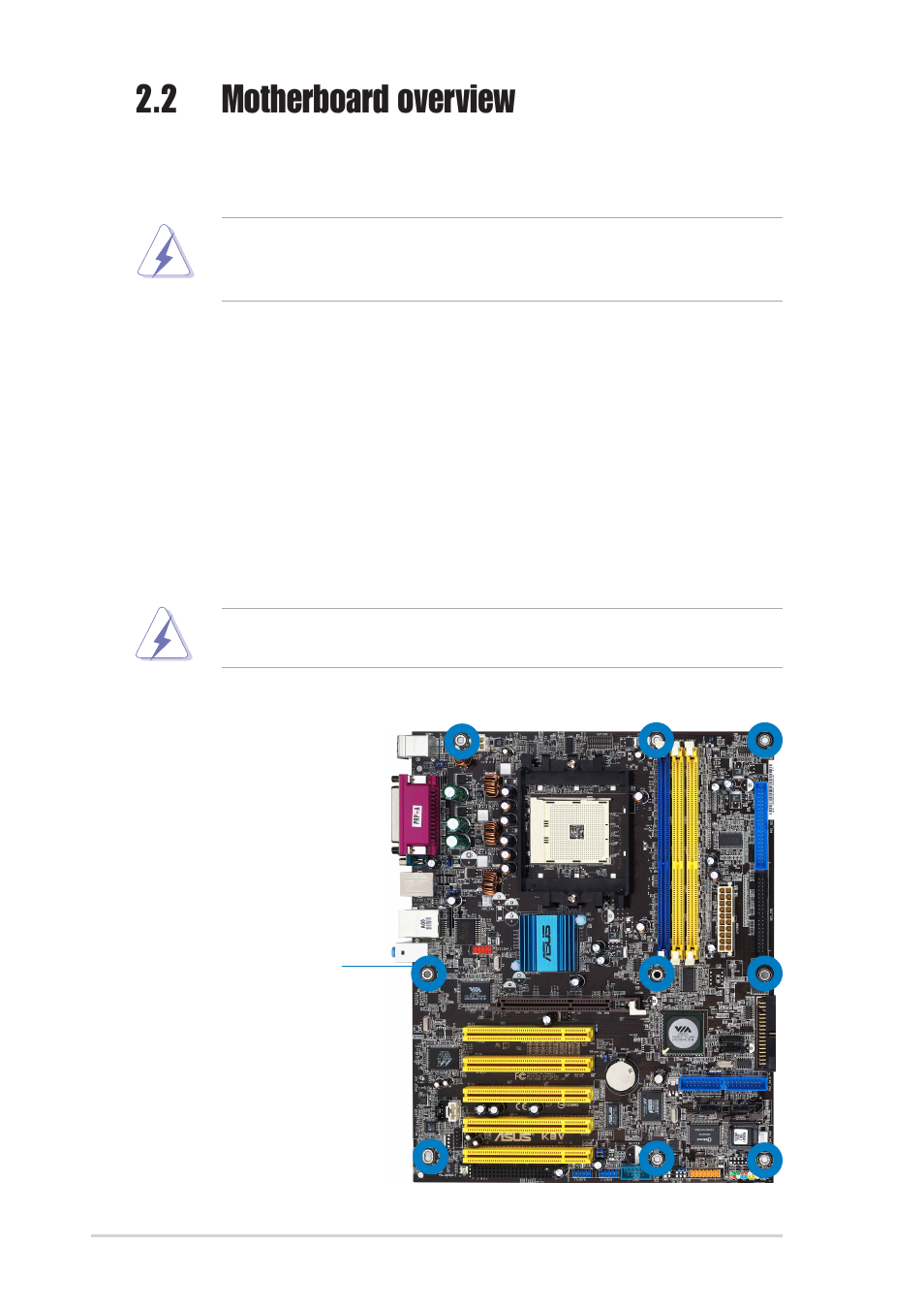 2 motherboard overview, 1 placement direction, 2 screw holes | Asus K8V SE User Manual | Page 24 / 140