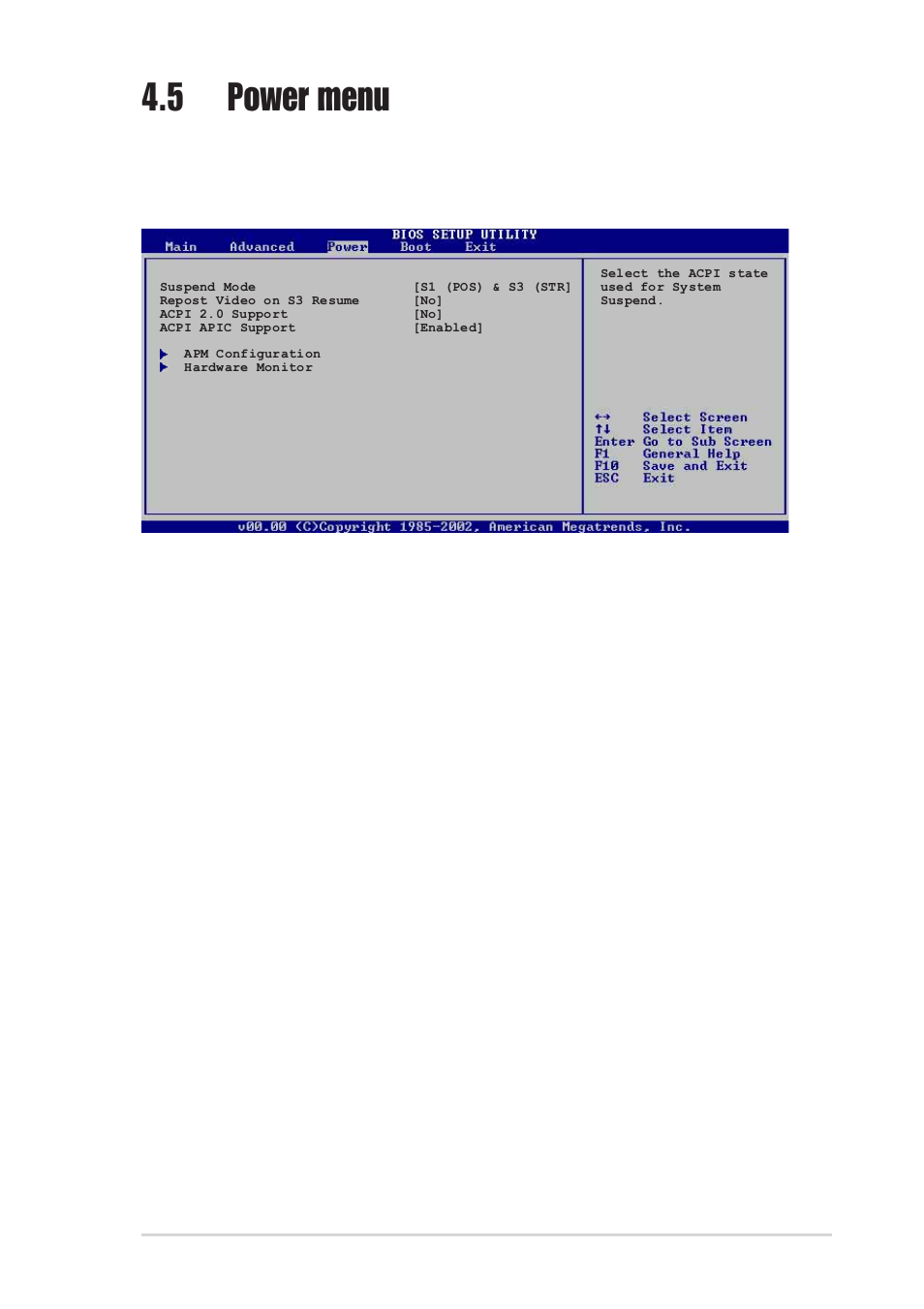 5 power menu, 1 suspend mode [s1 (pos) & s3 (str), 2 repost video on s3 resume [no | 3 acpi 2.0 support [no, 4 acpi apic support [enabled | Asus K8V SE User Manual | Page 95 / 140