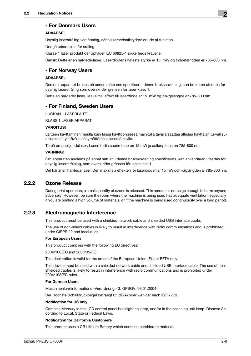 2 ozone release, 3 electromagnetic interference, Ozone release -9 | Electromagnetic interference -9, For denmark users, For norway users, For finland, sweden users | Konica Minolta bizhub PRESS C7000P User Manual | Page 14 / 42