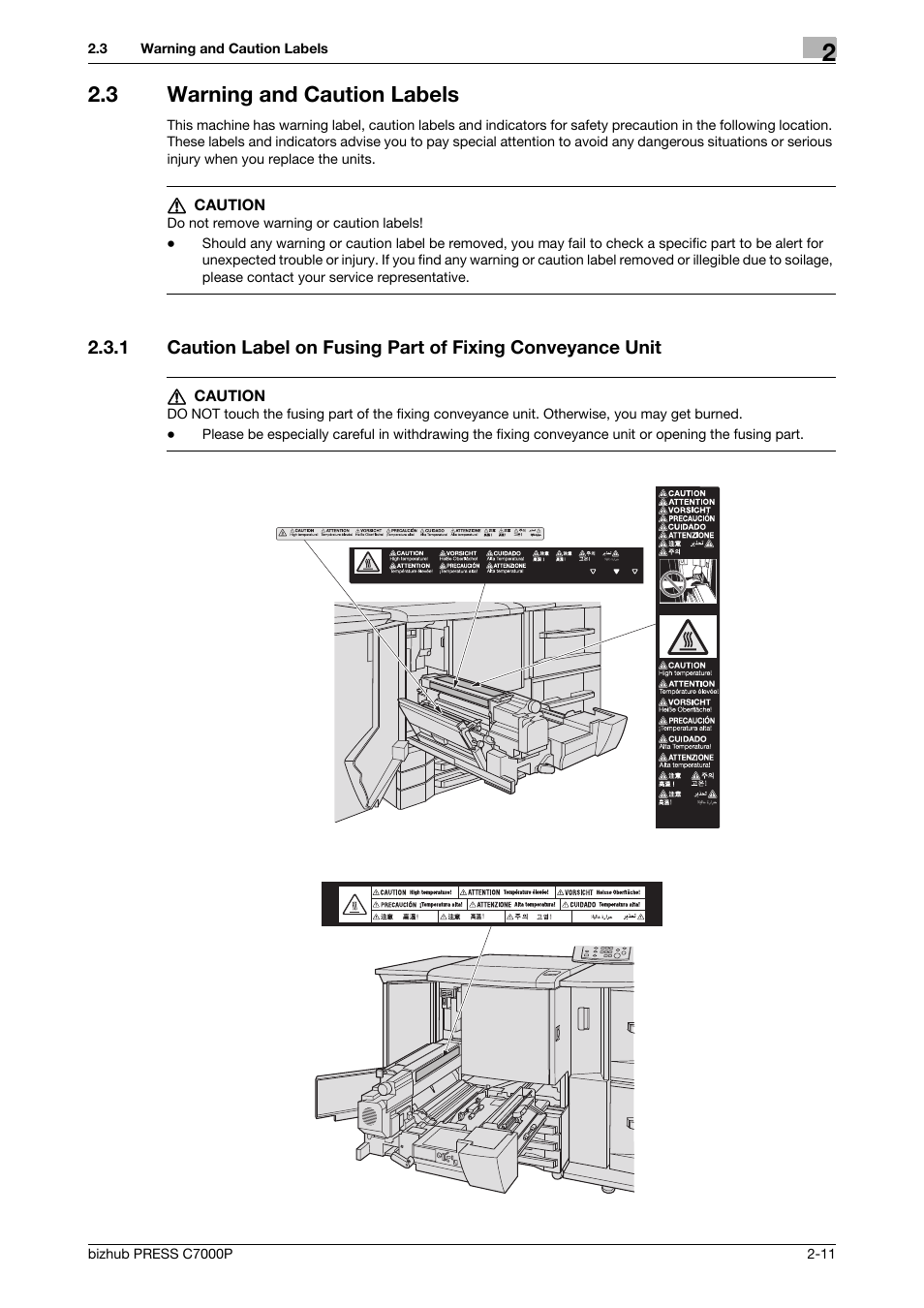 3 warning and caution labels, Warning and caution labels -11 | Konica Minolta bizhub PRESS C7000P User Manual | Page 16 / 42