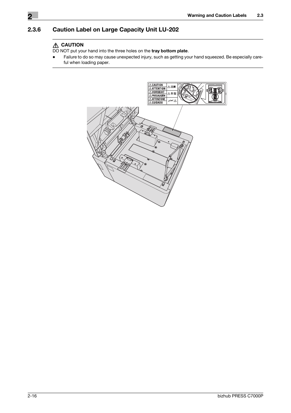 6 caution label on large capacity unit lu-202, Caution label on large capacity unit lu-202 -16 | Konica Minolta bizhub PRESS C7000P User Manual | Page 21 / 42