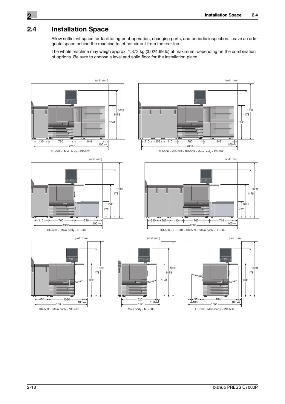 4 installation space, Installation space -18, Installation space | Konica Minolta bizhub PRESS C7000P User Manual | Page 23 / 42