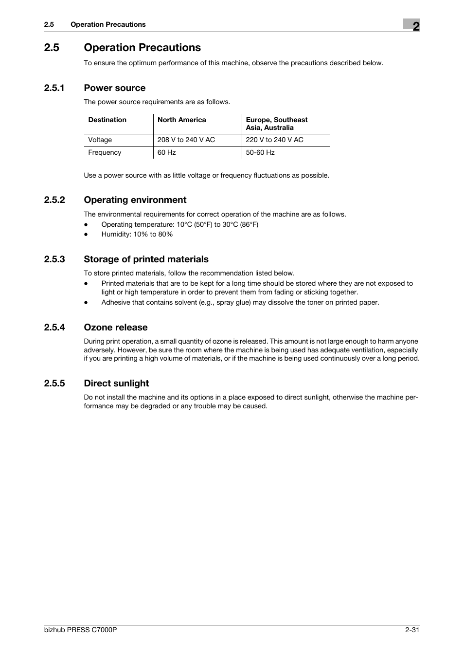 5 operation precautions, 1 power source, 2 operating environment | 3 storage of printed materials, 4 ozone release, 5 direct sunlight, Operation precautions -31, Power source -31, Operating environment -31, Storage of printed materials -31 | Konica Minolta bizhub PRESS C7000P User Manual | Page 36 / 42