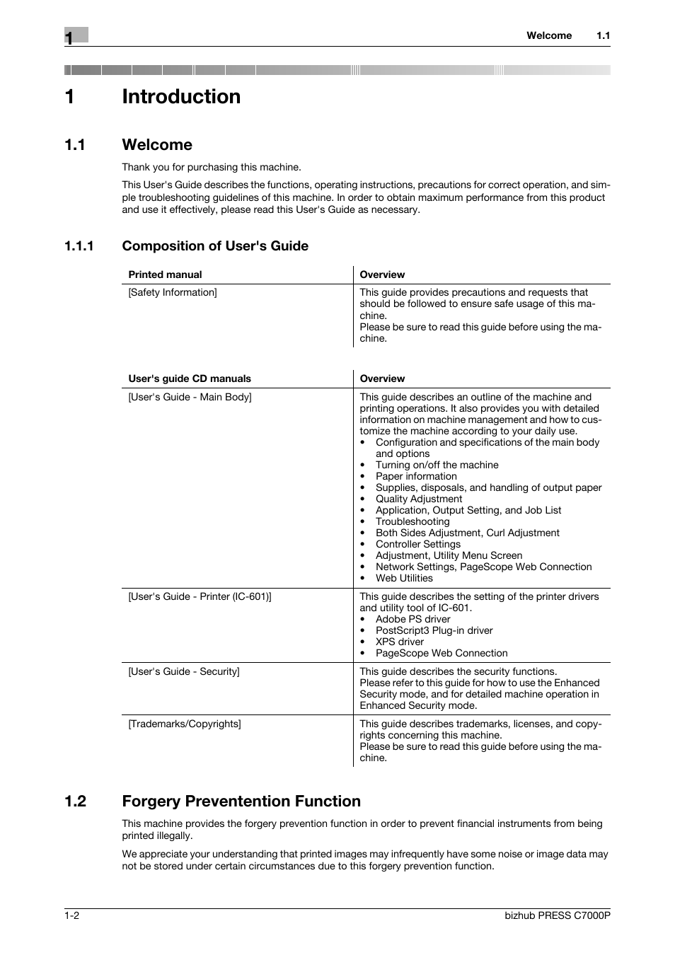 1 introduction, 1 welcome, 1 composition of user's guide | 2 forgery preventention function, Introduction, Welcome -2, Composition of user's guide -2, Forgery preventention function -3, 1introduction | Konica Minolta bizhub PRESS C7000P User Manual | Page 5 / 42