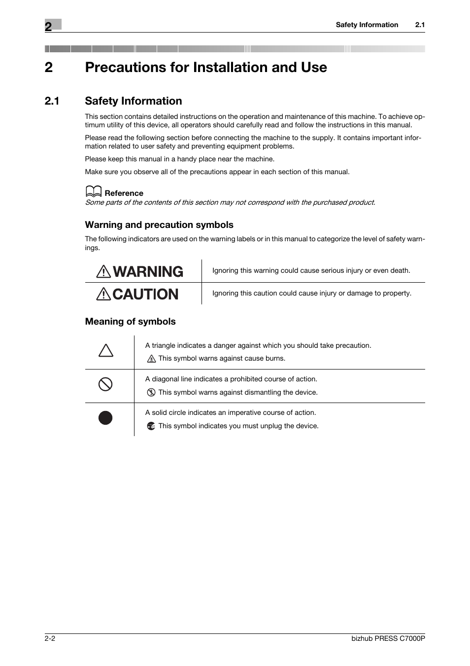2 precautions for installation and use, 1 safety information, Precautions for installation and use | Safety information -2, 2precautions for installation and use | Konica Minolta bizhub PRESS C7000P User Manual | Page 7 / 42