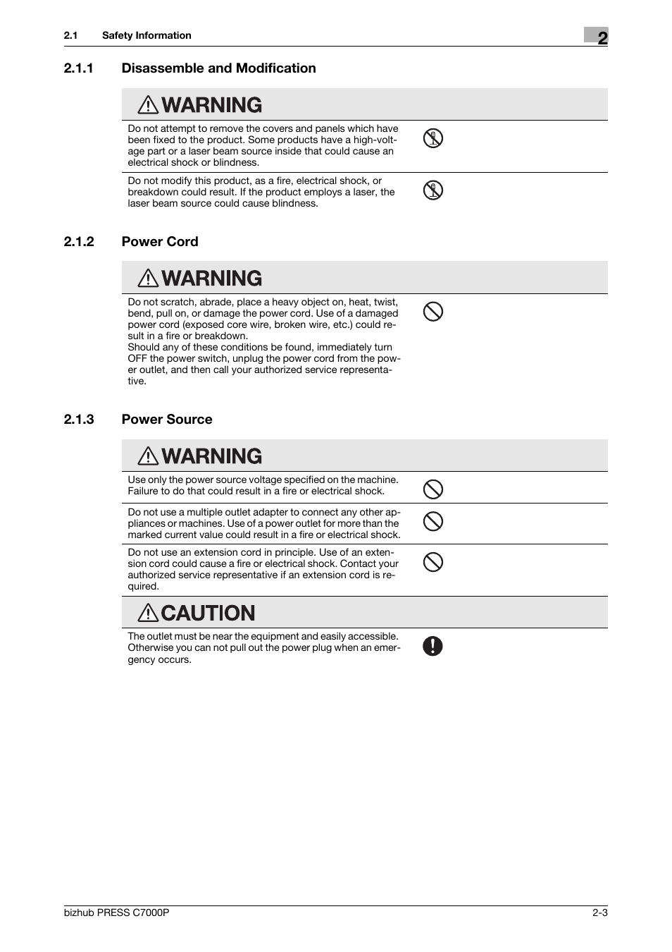 1 disassemble and modification, 2 power cord, 3 power source | Disassemble and modification -3, Power cord -3, Power source -3 | Konica Minolta bizhub PRESS C7000P User Manual | Page 8 / 42