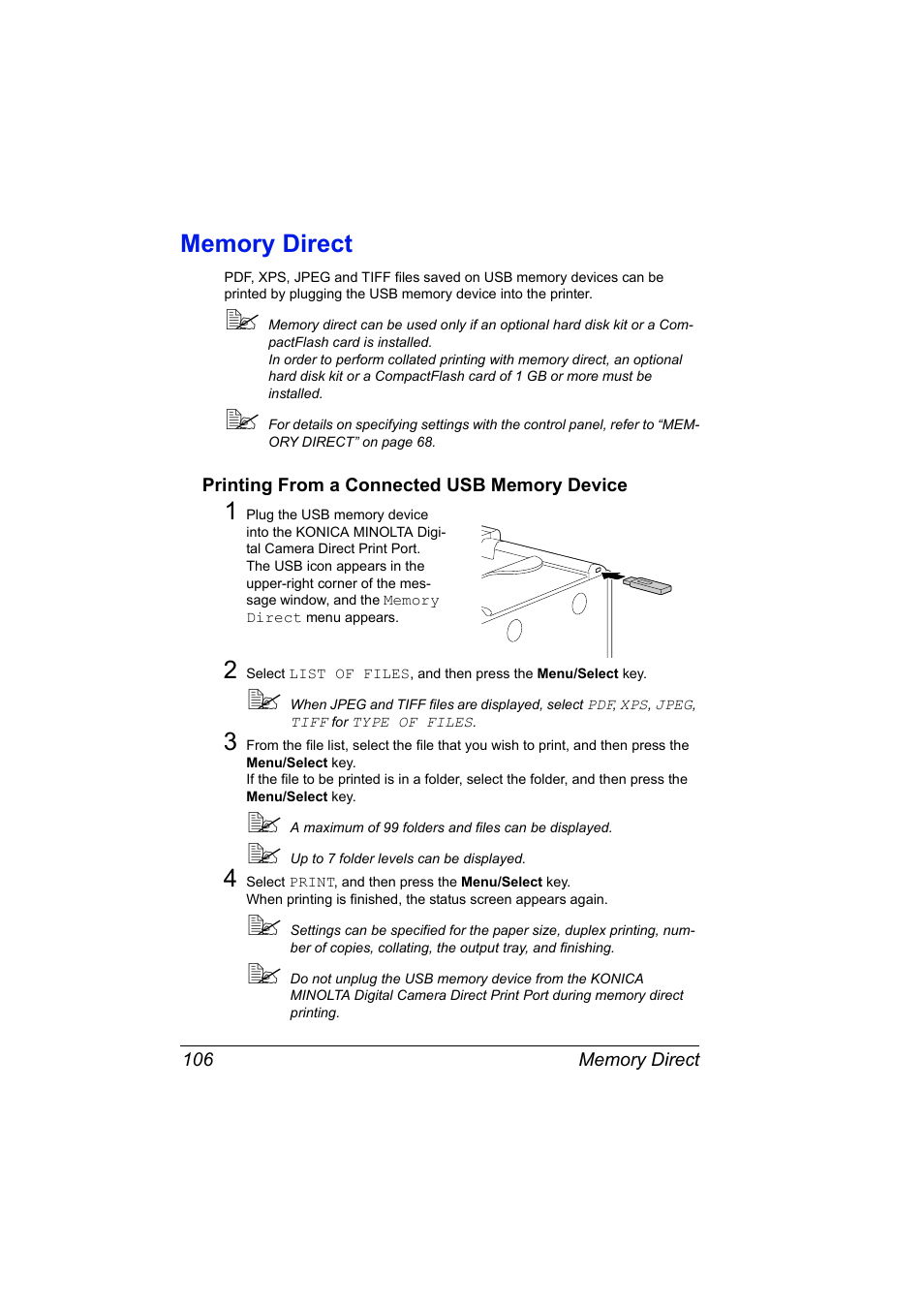 Memory direct, Printing from a connected usb memory device, Memory direct 106 | Printing from a connected usb memory device 106 | Konica Minolta magicolor 5650 User Manual | Page 120 / 302