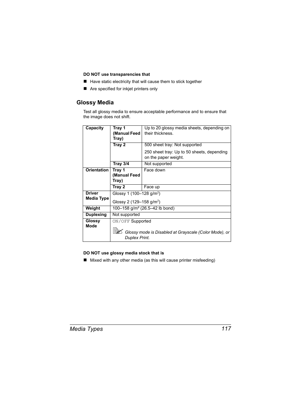 Glossy media, Glossy media 117, Media types 117 | Konica Minolta magicolor 5650 User Manual | Page 131 / 302