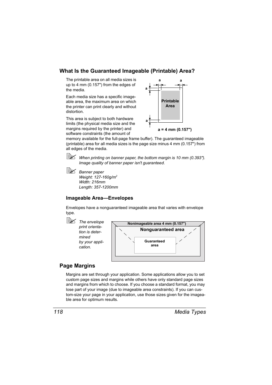What is the guaranteed imageable (printable) area, Imageable area-envelopes, Imageable area—envelopes 118 | Konica Minolta magicolor 5650 User Manual | Page 132 / 302