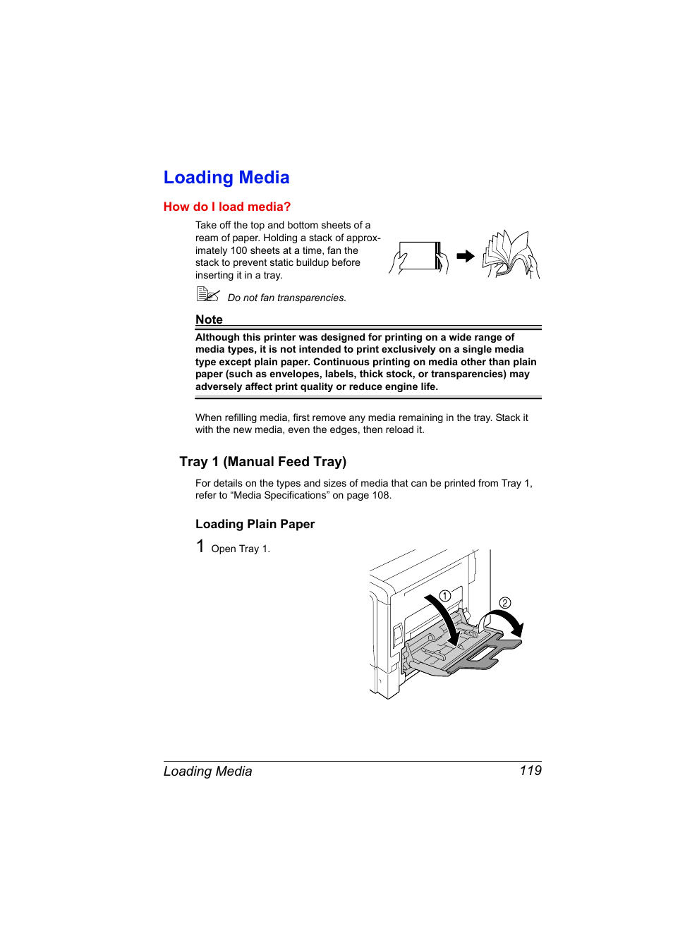 Loading media, Tray 1 (manual feed tray), Loading plain paper | Loading media 119, Tray 1 (manual feed tray) 119, Loading plain paper 119 | Konica Minolta magicolor 5650 User Manual | Page 133 / 302