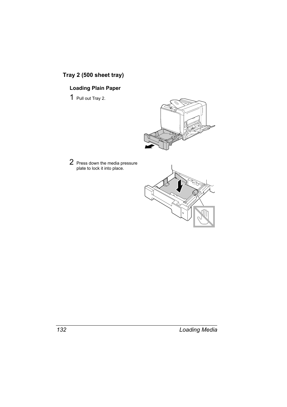 Tray 2 (500 sheet tray), Loading plain paper, Tray 2 (500 sheet tray) 132 | Loading plain paper 132 | Konica Minolta magicolor 5650 User Manual | Page 146 / 302