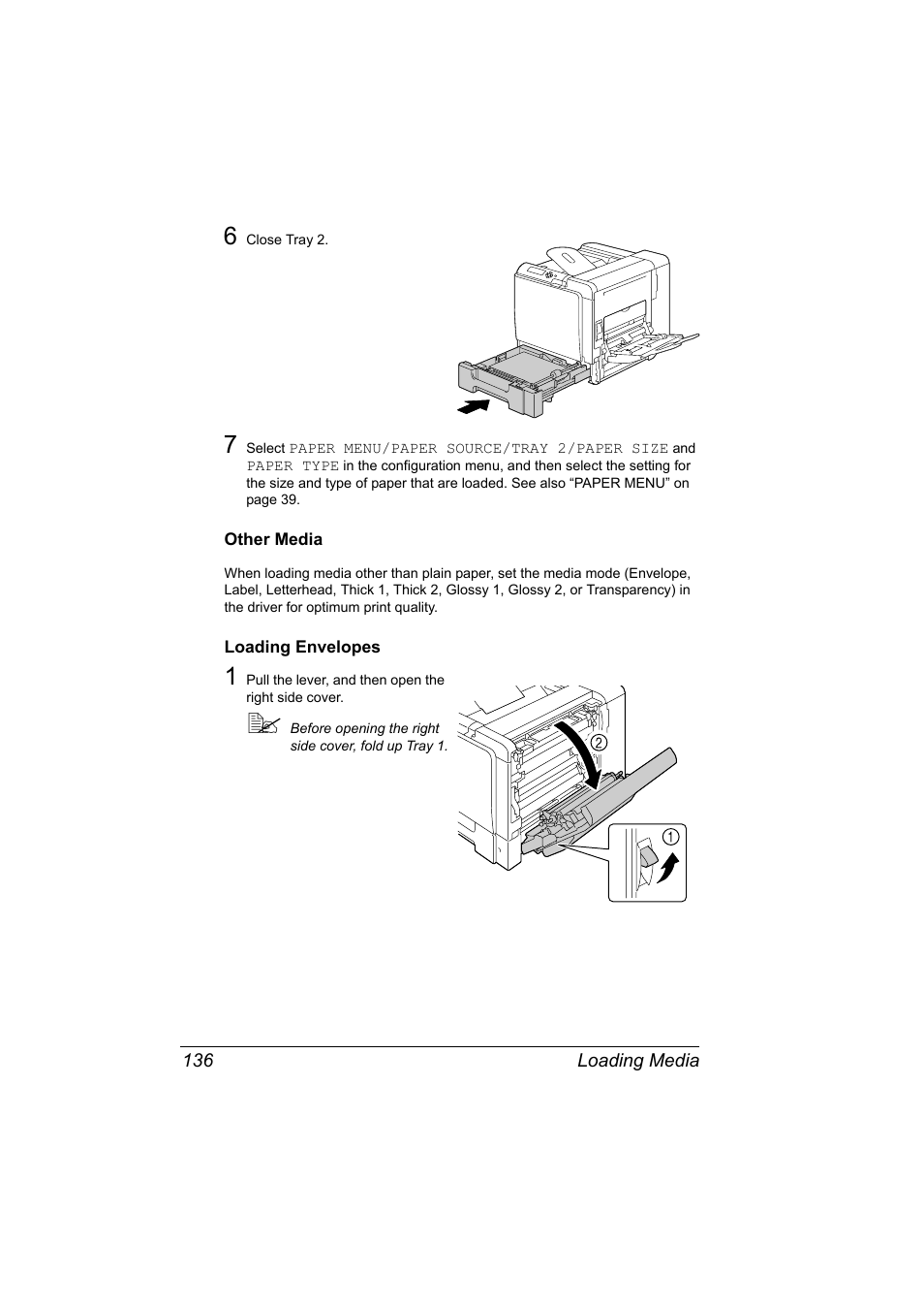 Other media, Loading envelopes, Other media 136 loading envelopes 136 | Konica Minolta magicolor 5650 User Manual | Page 150 / 302