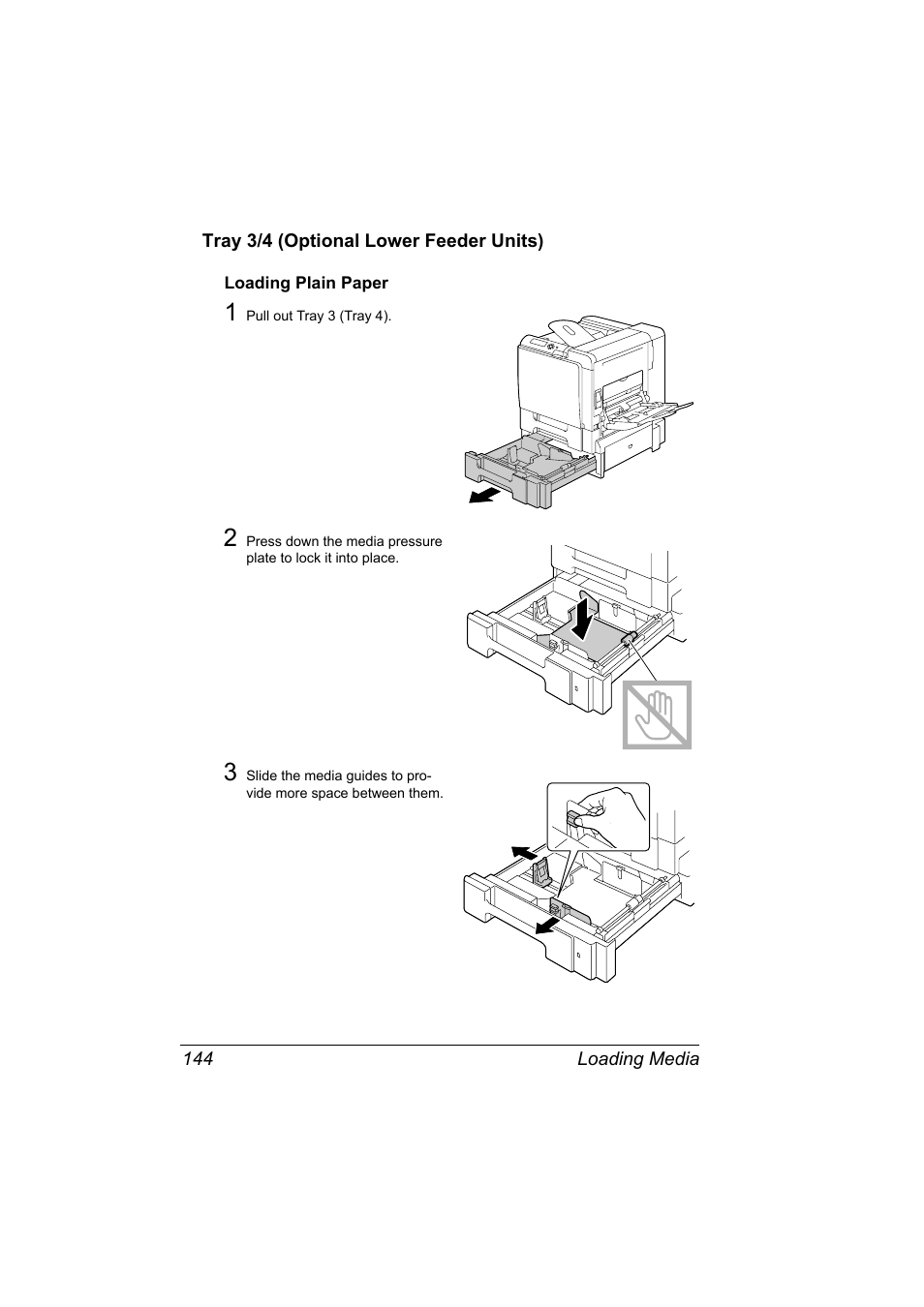 Tray 3/4 (optional lower feeder units), Loading plain paper, Tray 3/4 (optional lower feeder units) 144 | Loading plain paper 144 | Konica Minolta magicolor 5650 User Manual | Page 158 / 302