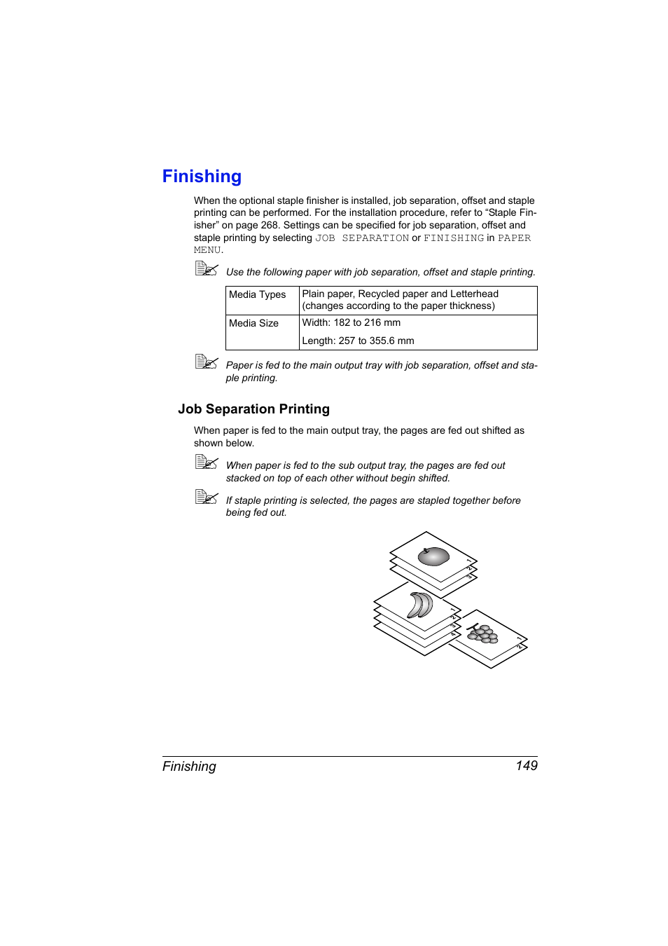 Finishing, Job separation printing, Finishing 149 | Job separation printing 149 | Konica Minolta magicolor 5650 User Manual | Page 163 / 302