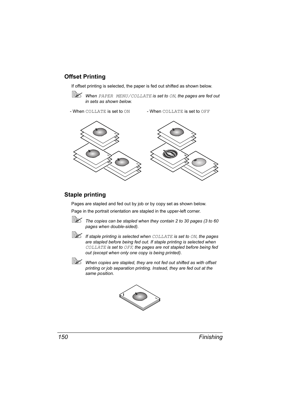 Offset printing, Staple printing, Offset printing 150 staple printing 150 | Finishing 150 offset printing | Konica Minolta magicolor 5650 User Manual | Page 164 / 302