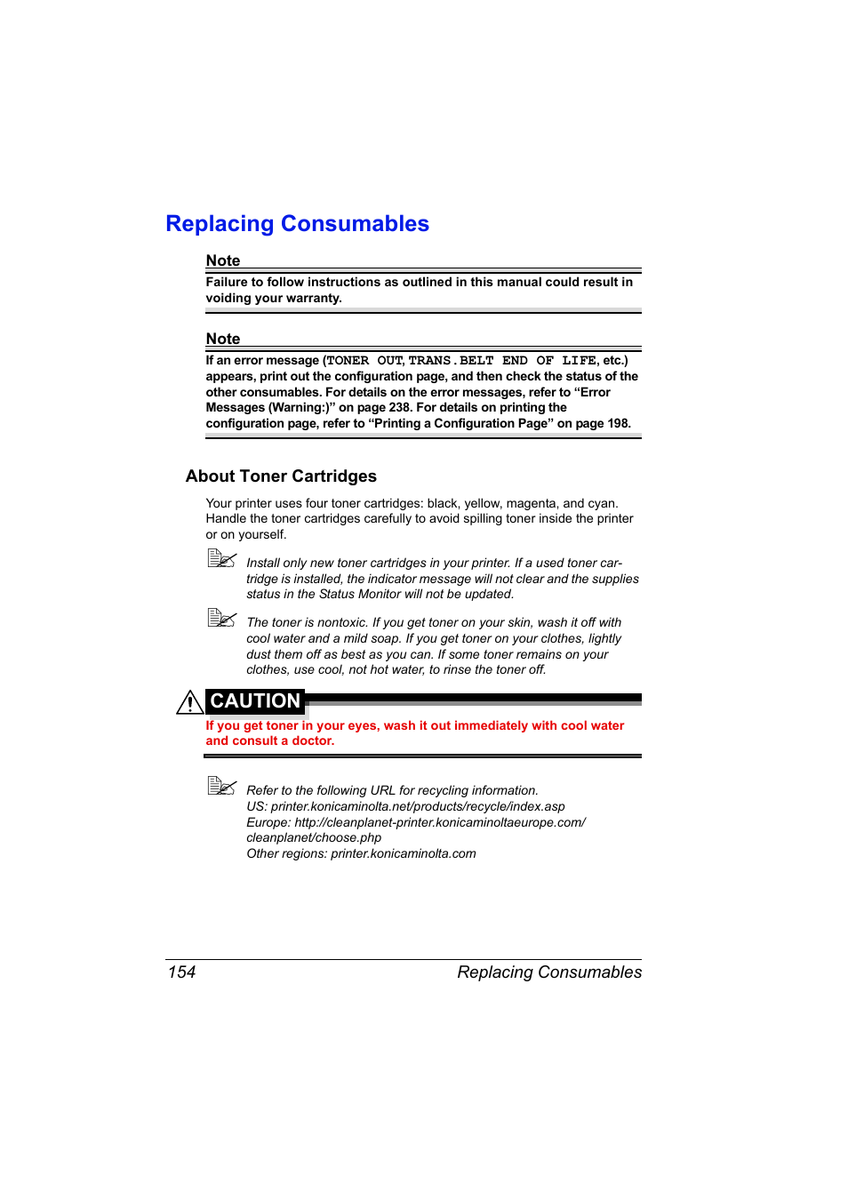 Replacing consumables, About toner cartridges, Replacing consumables 154 | About toner cartridges 154, Caution | Konica Minolta magicolor 5650 User Manual | Page 168 / 302