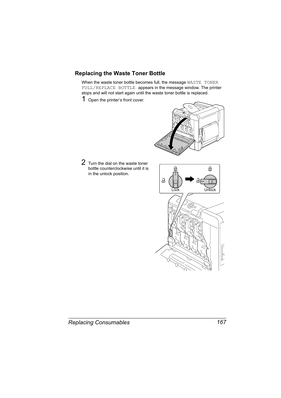 Replacing the waste toner bottle, Replacing the waste toner bottle 167 | Konica Minolta magicolor 5650 User Manual | Page 181 / 302