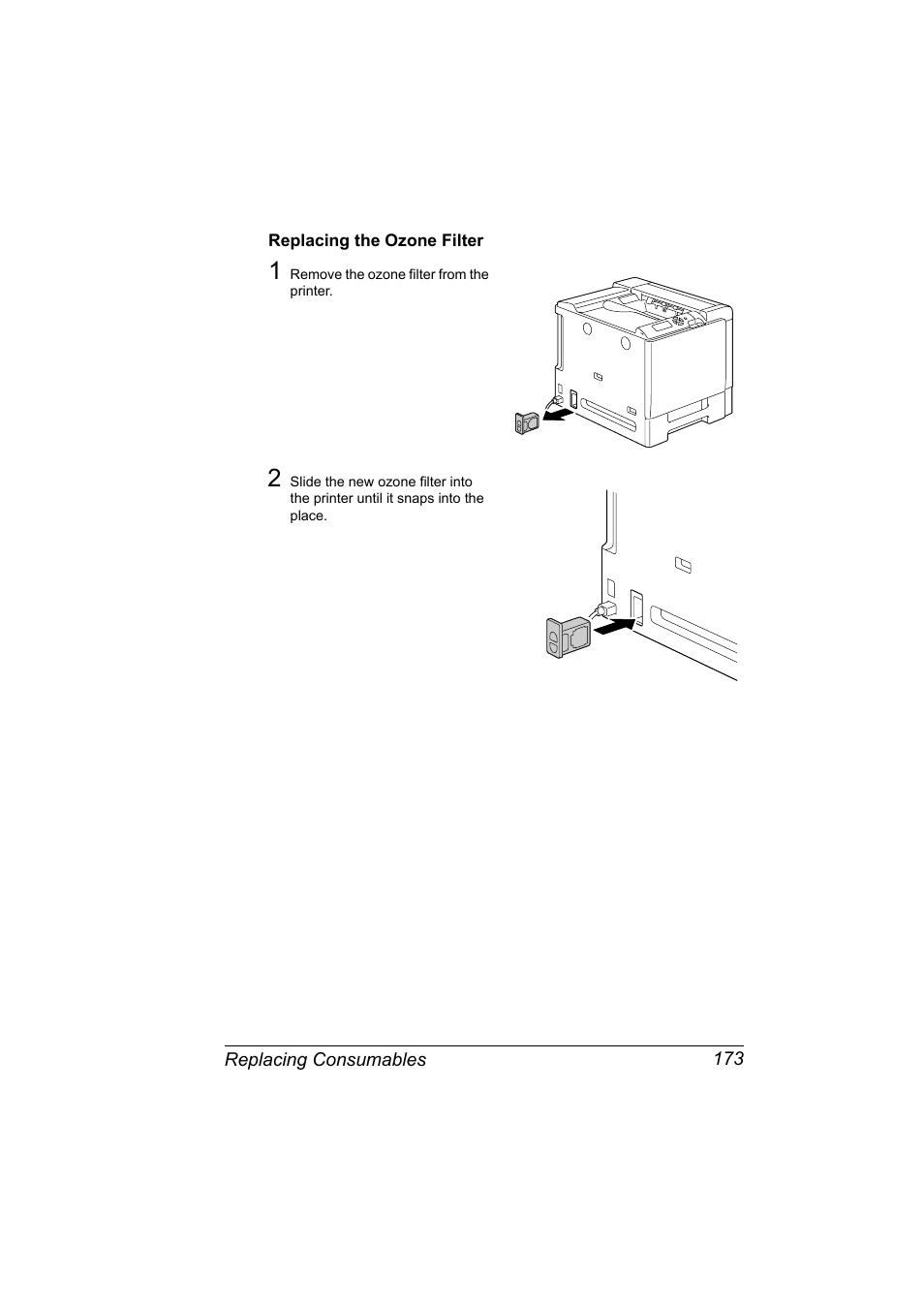Replacing the ozone filter, Replacing the ozone filter 173 | Konica Minolta magicolor 5650 User Manual | Page 187 / 302