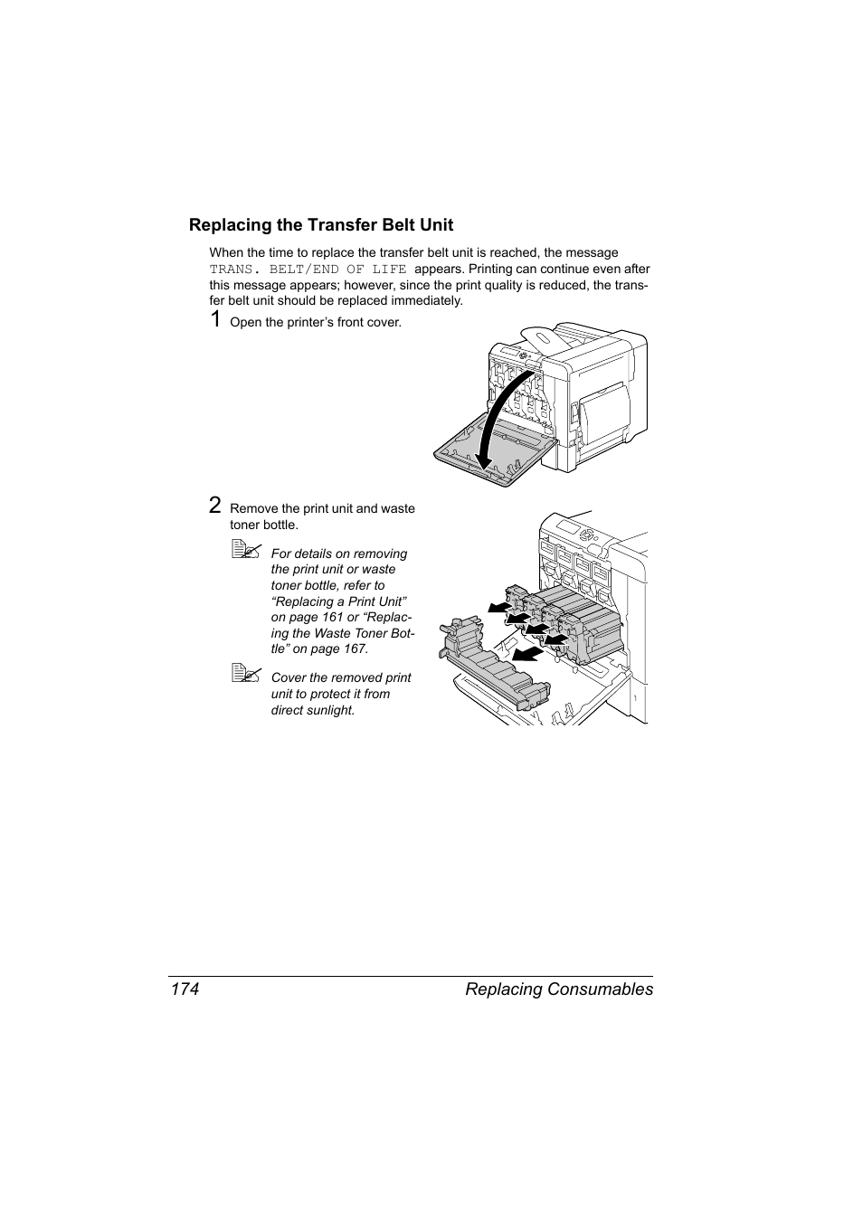 Replacing the transfer belt unit, Replacing the transfer belt unit 174 | Konica Minolta magicolor 5650 User Manual | Page 188 / 302