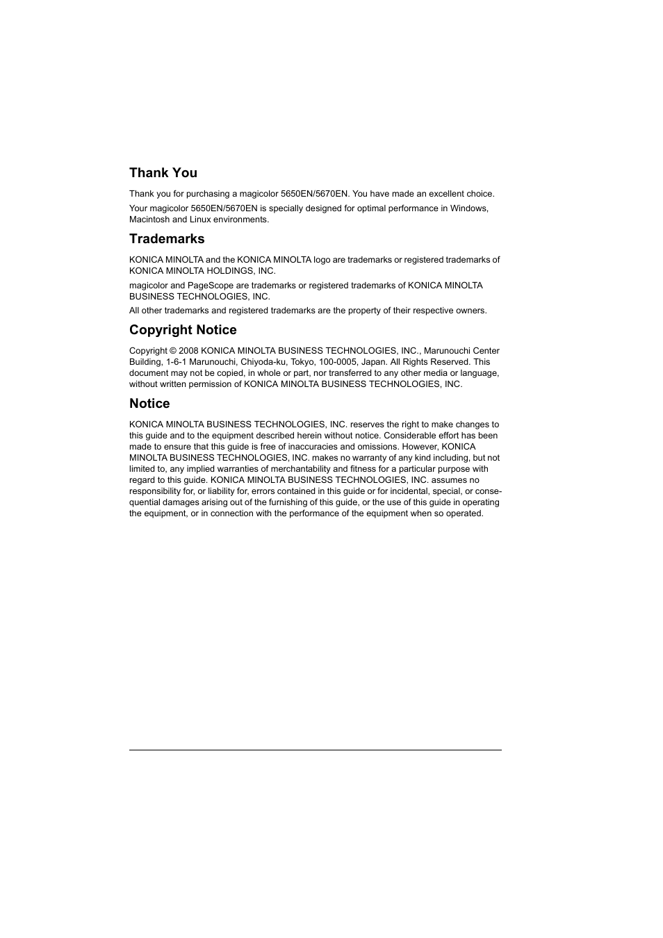 Trademarks, Copyright notice, Notice | Konica Minolta magicolor 5650 User Manual | Page 2 / 302