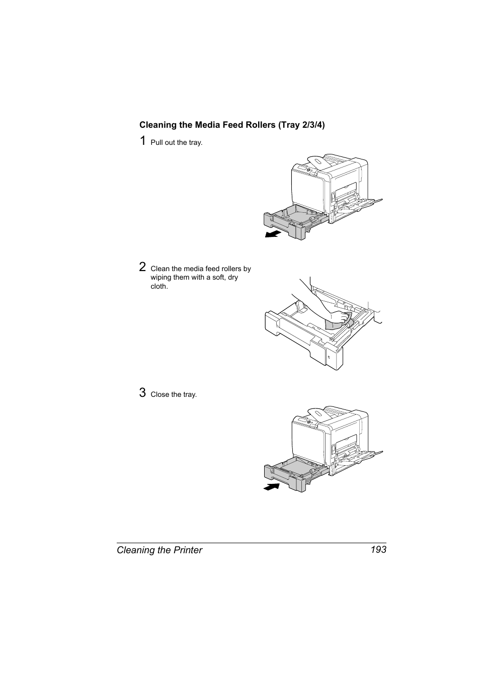 Cleaning the media feed rollers (tray 2/3/4), Cleaning the media feed rollers (tray 2/3/4) 193 | Konica Minolta magicolor 5650 User Manual | Page 207 / 302