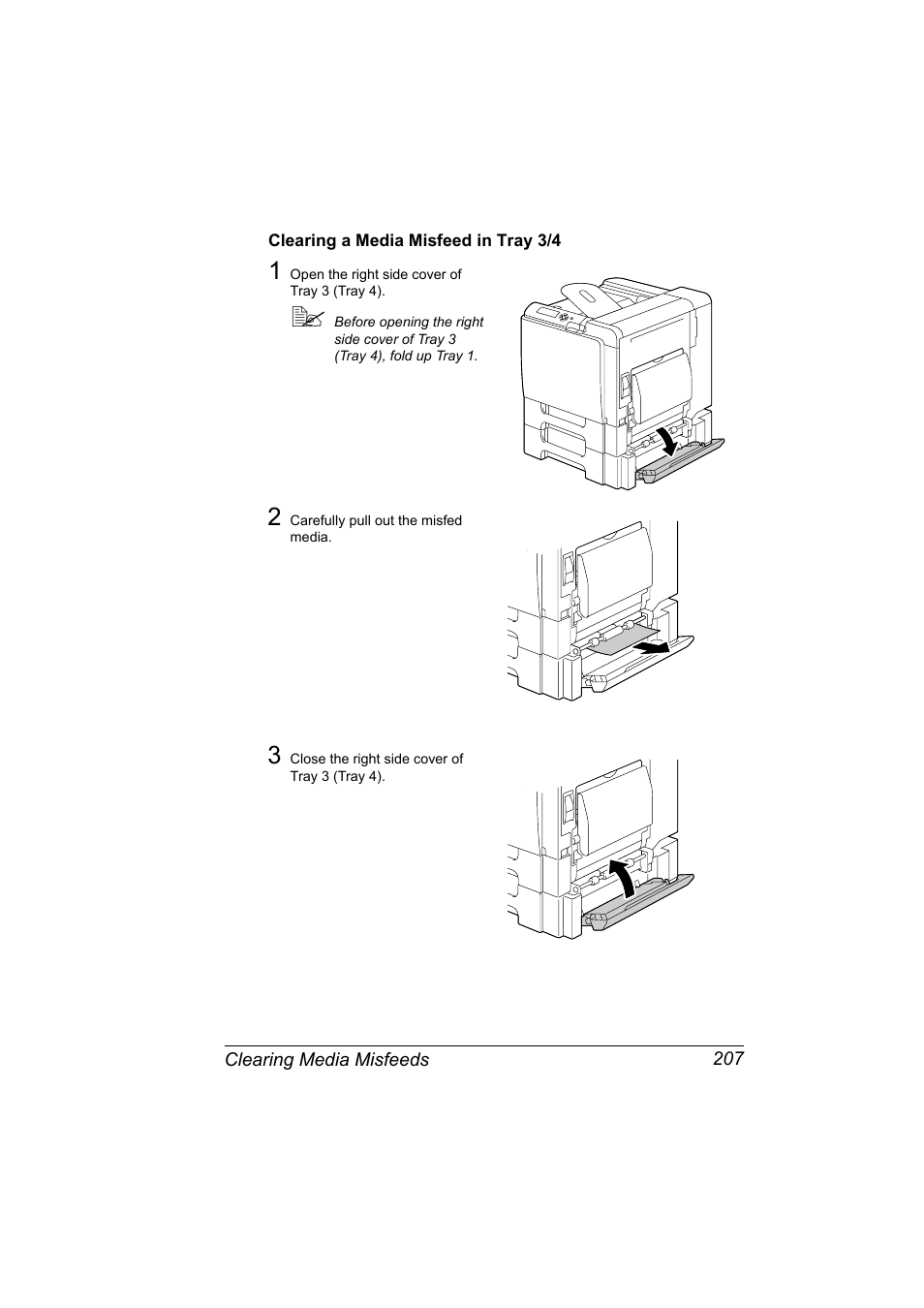Clearing a media misfeed in tray 3/4, Clearing a media misfeed in tray 3/4 207 | Konica Minolta magicolor 5650 User Manual | Page 221 / 302