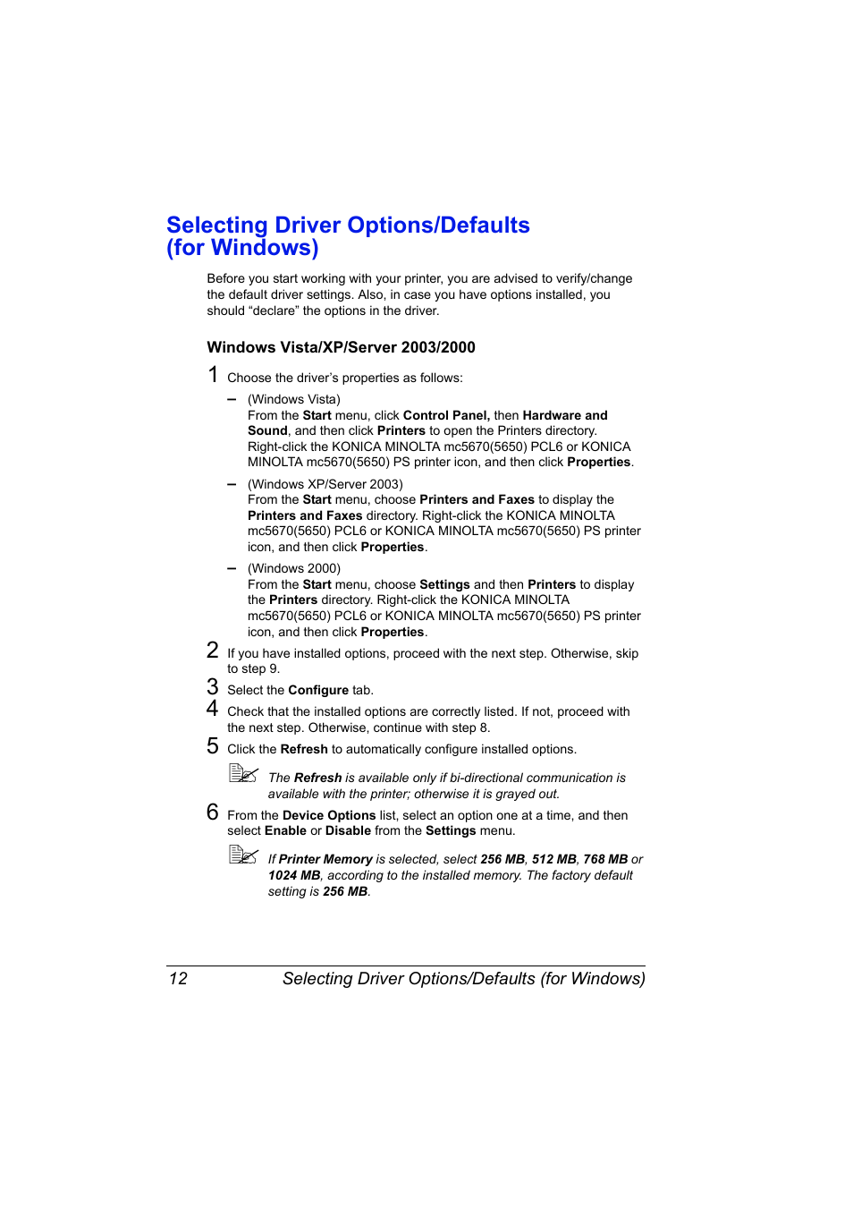 Selecting driver options/defaults (for windows), Windows vista/xp/server 2003/2000, Selecting driver options/defaults (for windows) 12 | Windows vista/xp/server 2003/2000 12 | Konica Minolta magicolor 5650 User Manual | Page 26 / 302