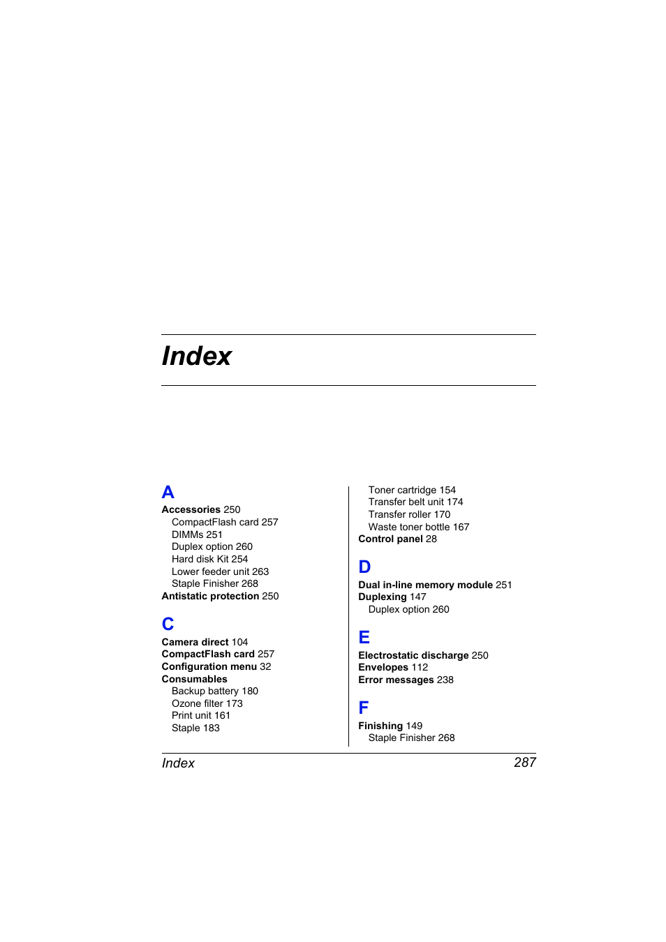 Index, A to f | Konica Minolta magicolor 5650 User Manual | Page 301 / 302