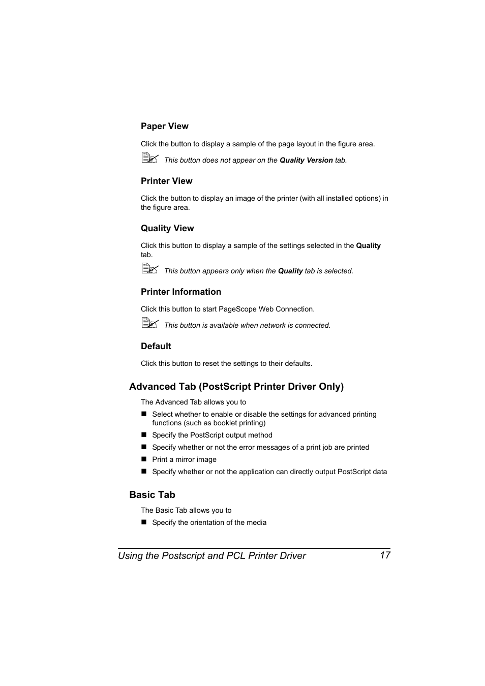 Paper view, Printer view, Quality view | Printer information, Default, Advanced tab (postscript printer driver only), Basic tab | Konica Minolta magicolor 5650 User Manual | Page 31 / 302