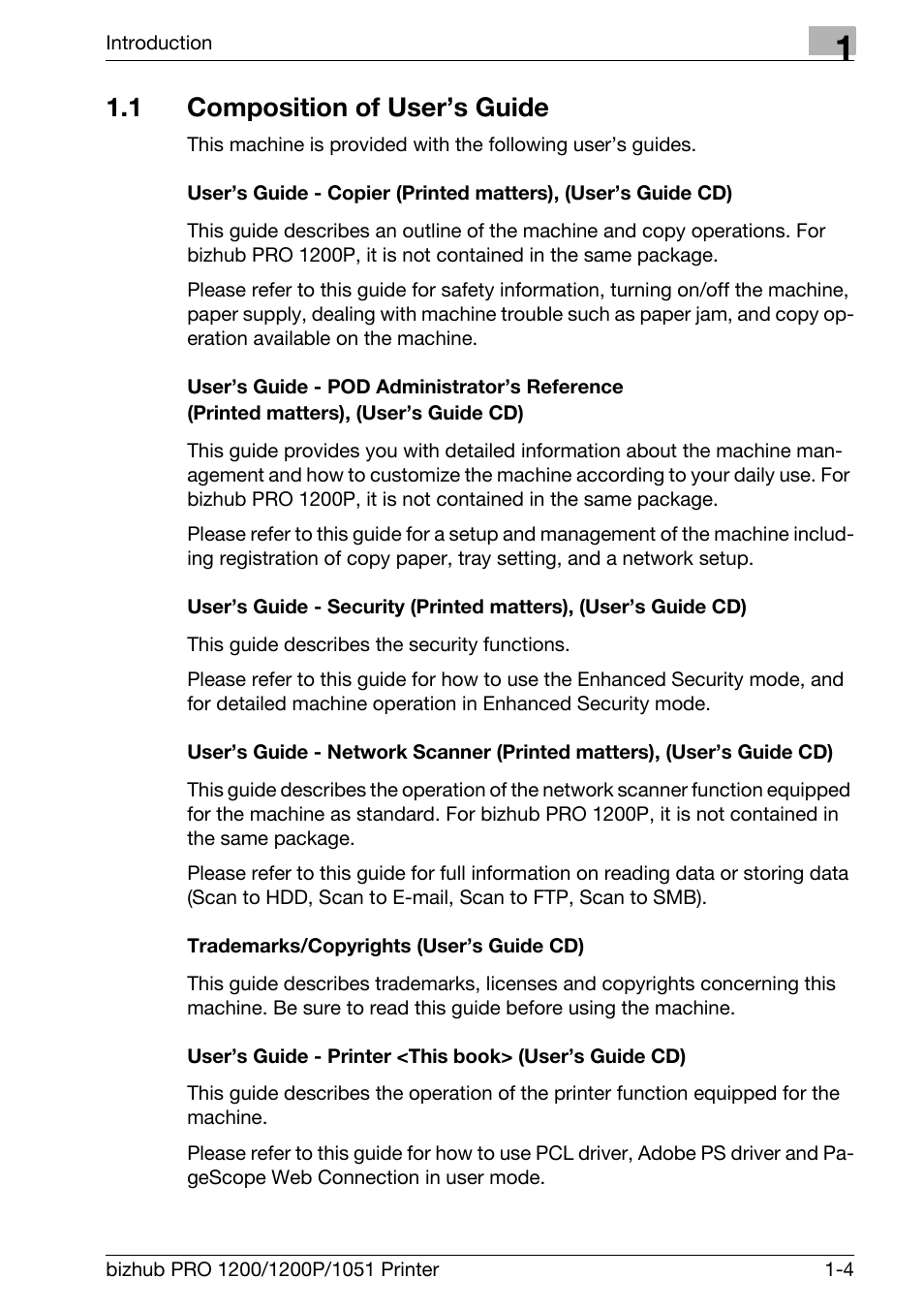 1 composition of user’s guide, Trademarks/copyrights (user’s guide cd), Composition of user’s guide -4 | Konica Minolta bizhub PRO 1051 User Manual | Page 10 / 355