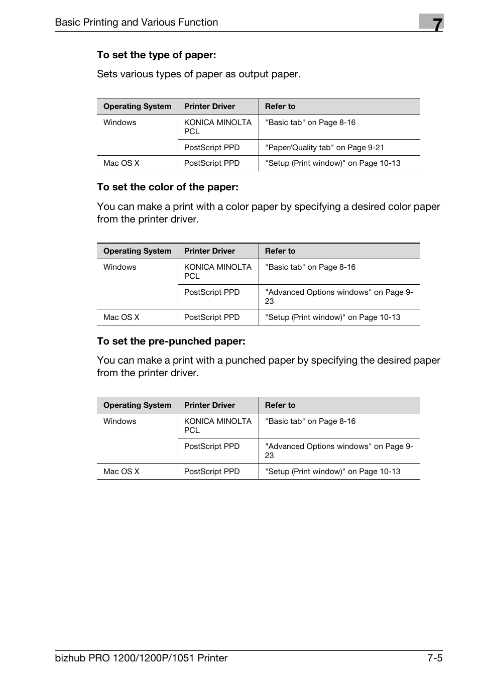 To set the type of paper, To set the color of the paper, To set the pre-punched paper | Basic printing and various function | Konica Minolta bizhub PRO 1051 User Manual | Page 102 / 355