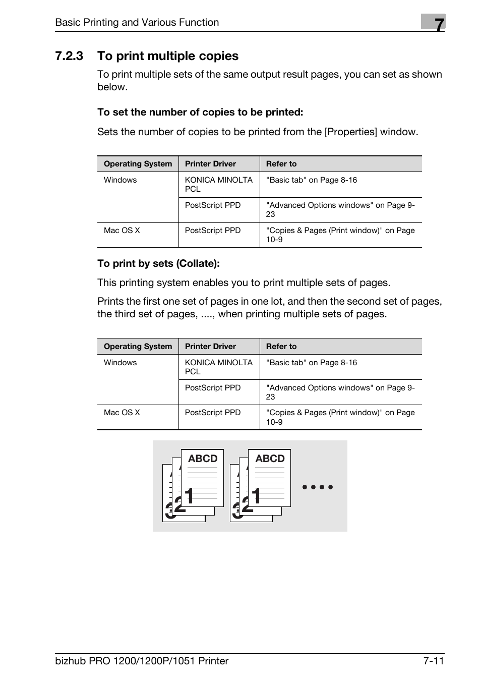 3 to print multiple copies, To set the number of copies to be printed, To print by sets (collate) | To print multiple copies -11 | Konica Minolta bizhub PRO 1051 User Manual | Page 108 / 355