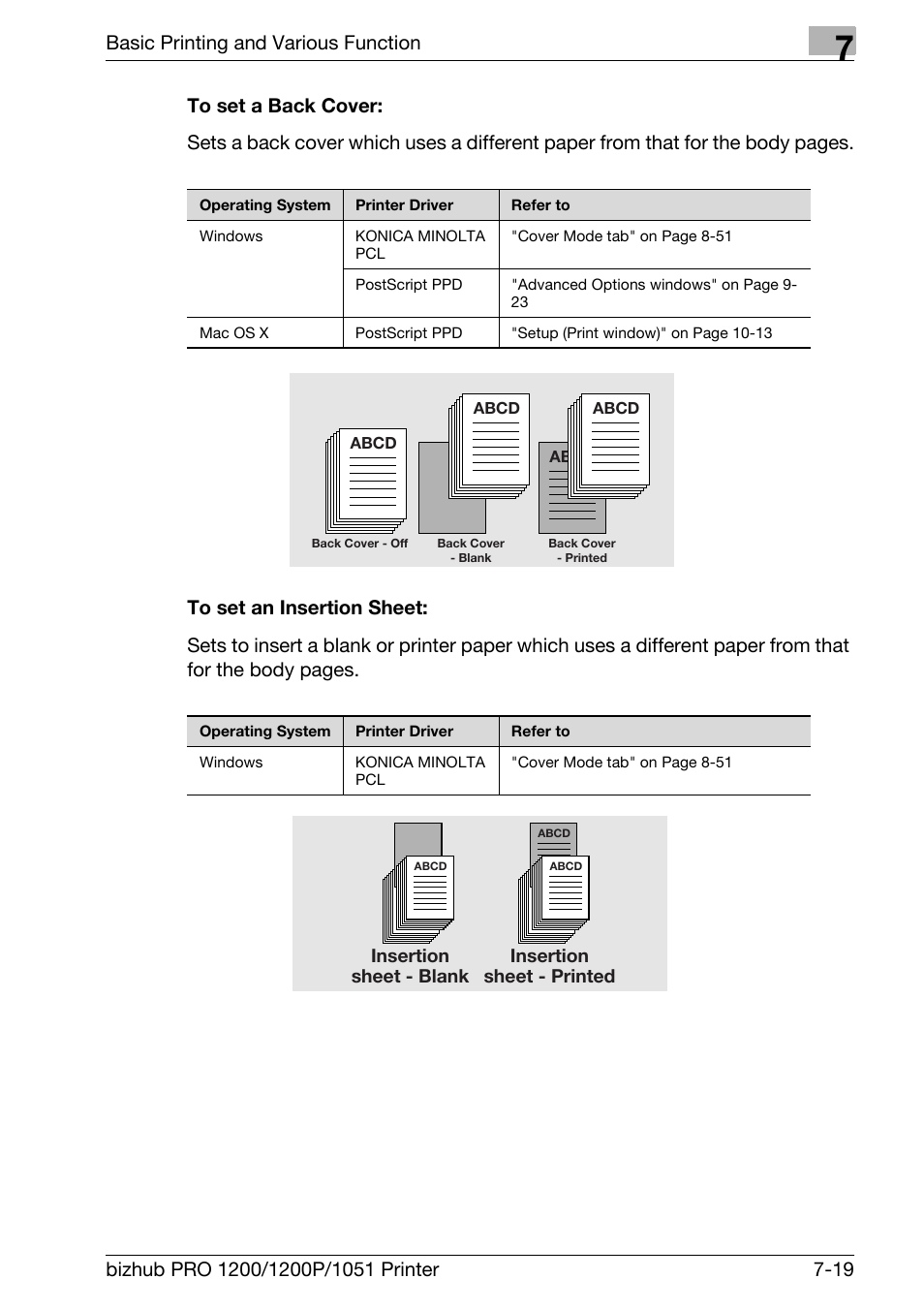 To set a back cover, To set an insertion sheet, Basic printing and various function | Insertion sheet - blank insertion sheet - printed | Konica Minolta bizhub PRO 1051 User Manual | Page 116 / 355