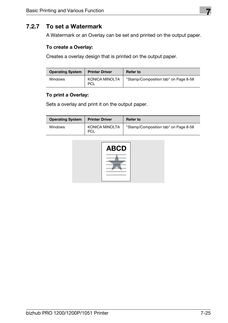 7 to set a watermark, To create a overlay, To print a overlay | To set a watermark -25, Abcd | Konica Minolta bizhub PRO 1051 User Manual | Page 122 / 355