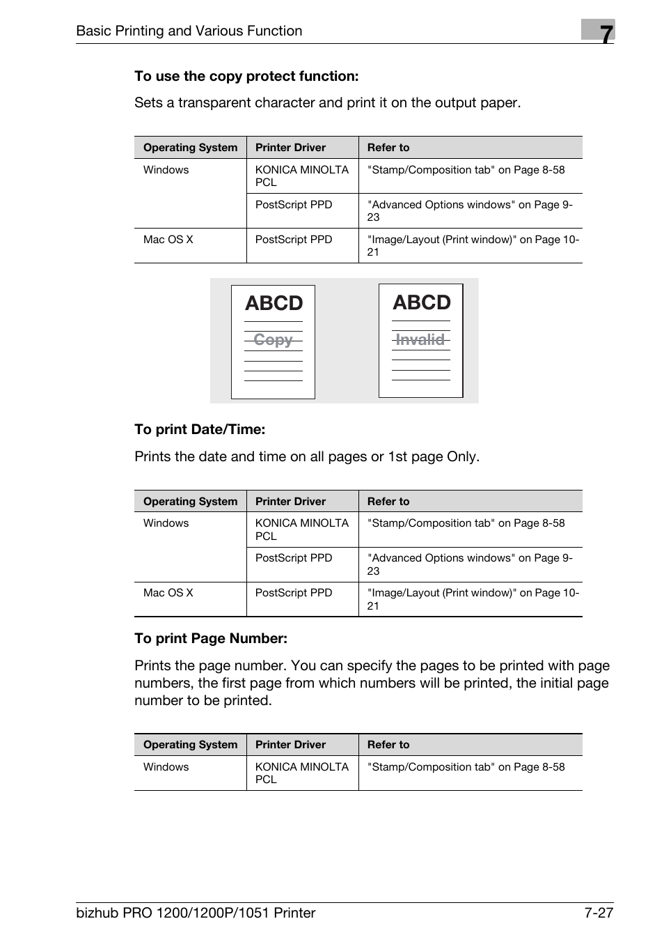 To use the copy protect function, To print date/time, Abcd | Copy, Invalid | Konica Minolta bizhub PRO 1051 User Manual | Page 124 / 355