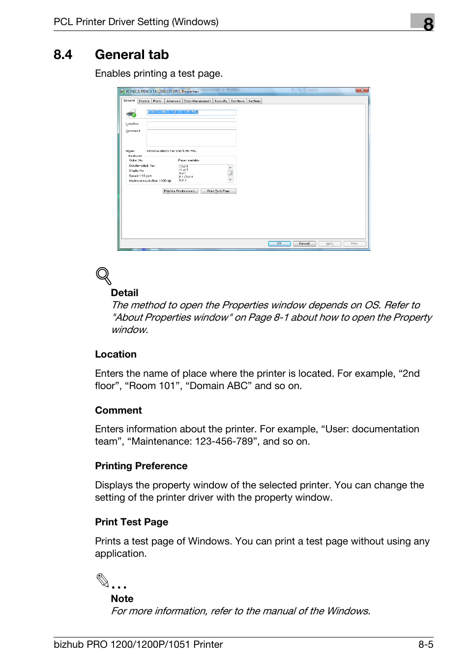 4 general tab, Location, Comment | Printing preference, General tab -5 | Konica Minolta bizhub PRO 1051 User Manual | Page 136 / 355