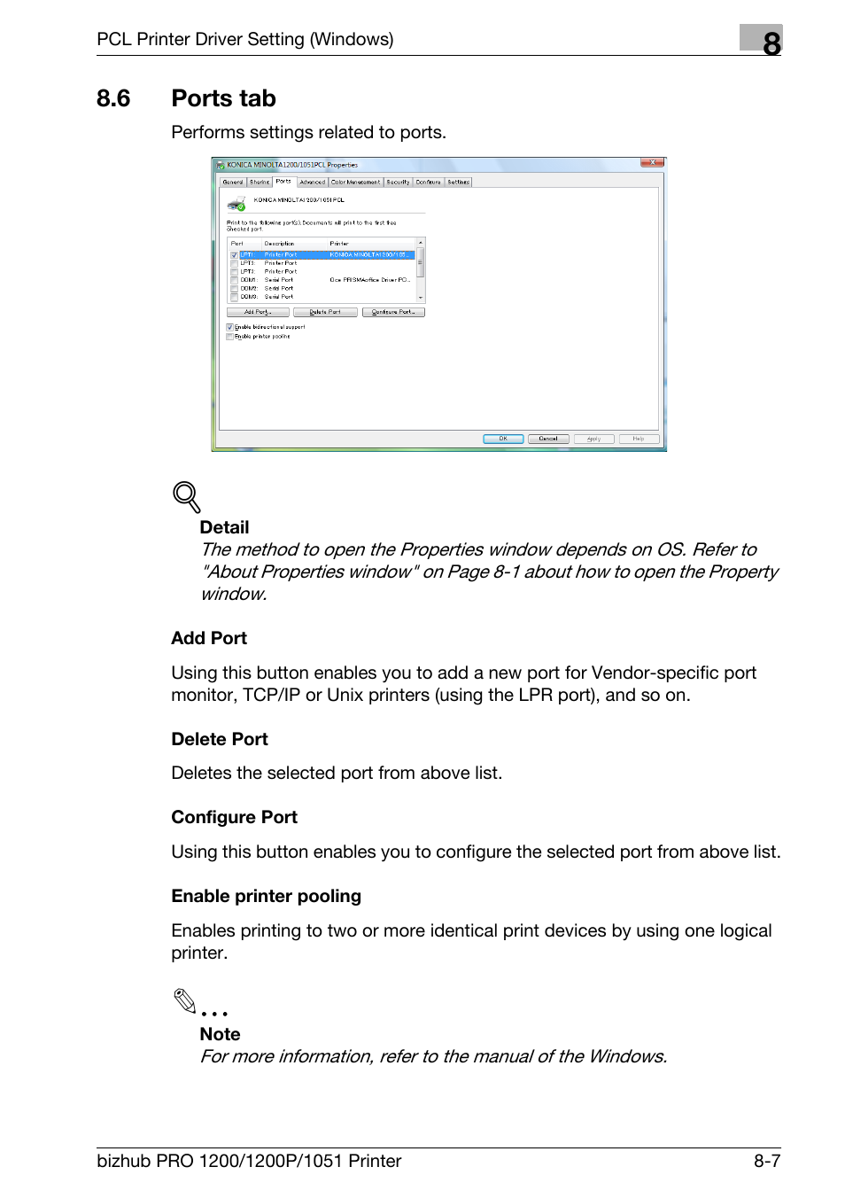 6 ports tab, Add port, Delete port | Configure port, Enable printer pooling, Ports tab -7 | Konica Minolta bizhub PRO 1051 User Manual | Page 138 / 355