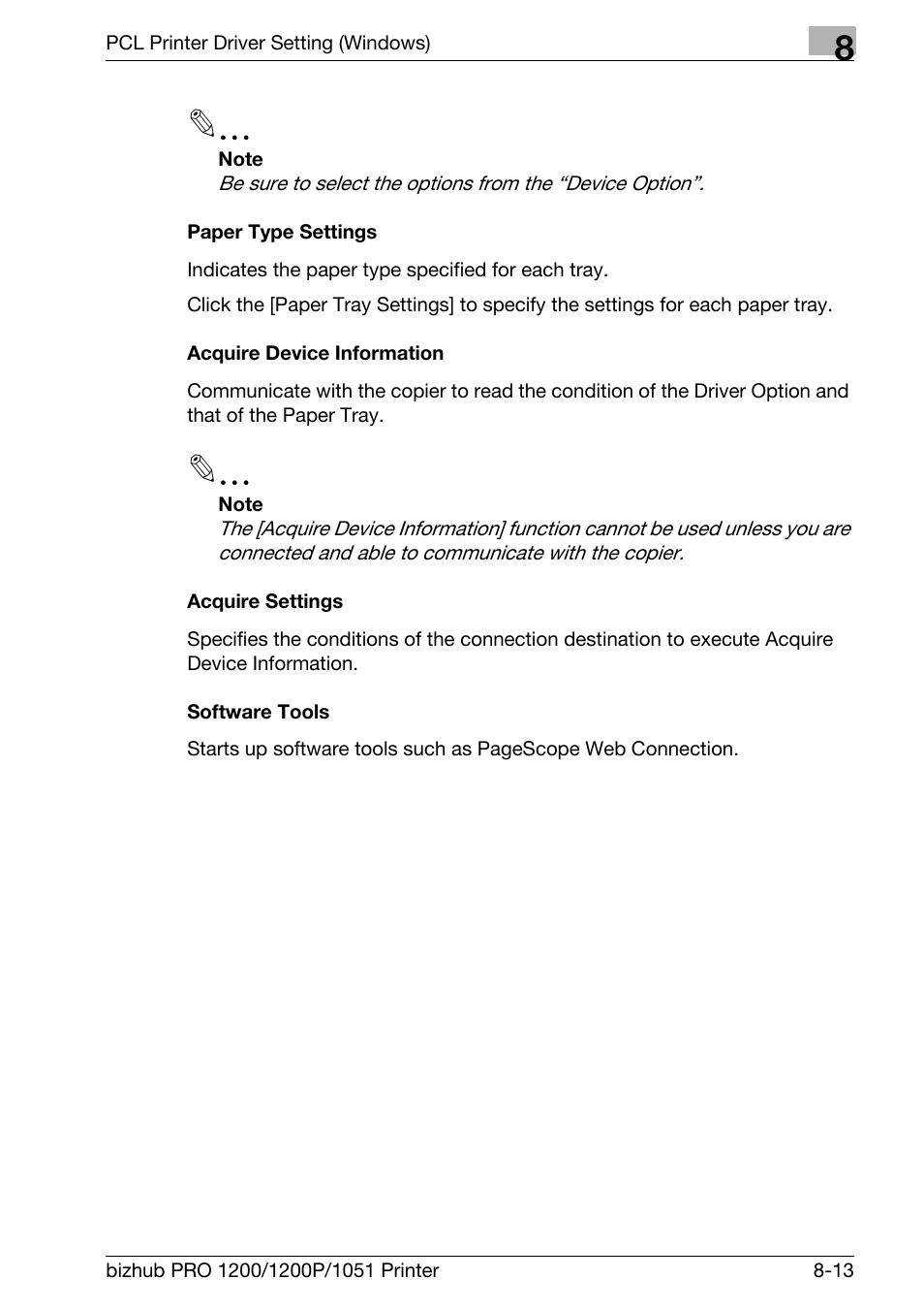 Paper type settings, Acquire device information, Acquire settings | Software tools | Konica Minolta bizhub PRO 1051 User Manual | Page 144 / 355