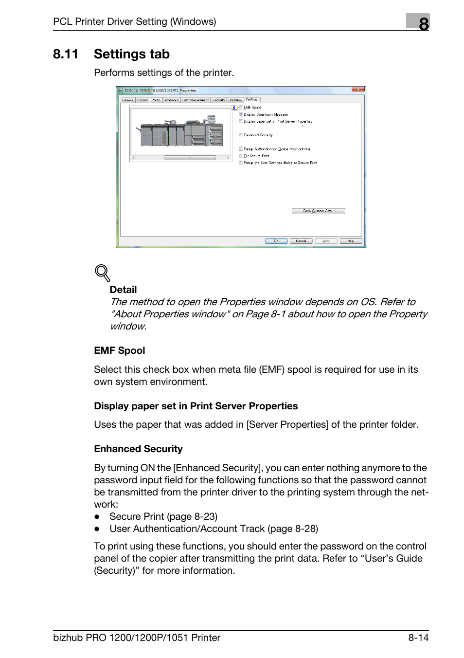 11 settings tab, Emf spool, Display paper set in print server properties | Enhanced security, Settings tab -14 | Konica Minolta bizhub PRO 1051 User Manual | Page 145 / 355
