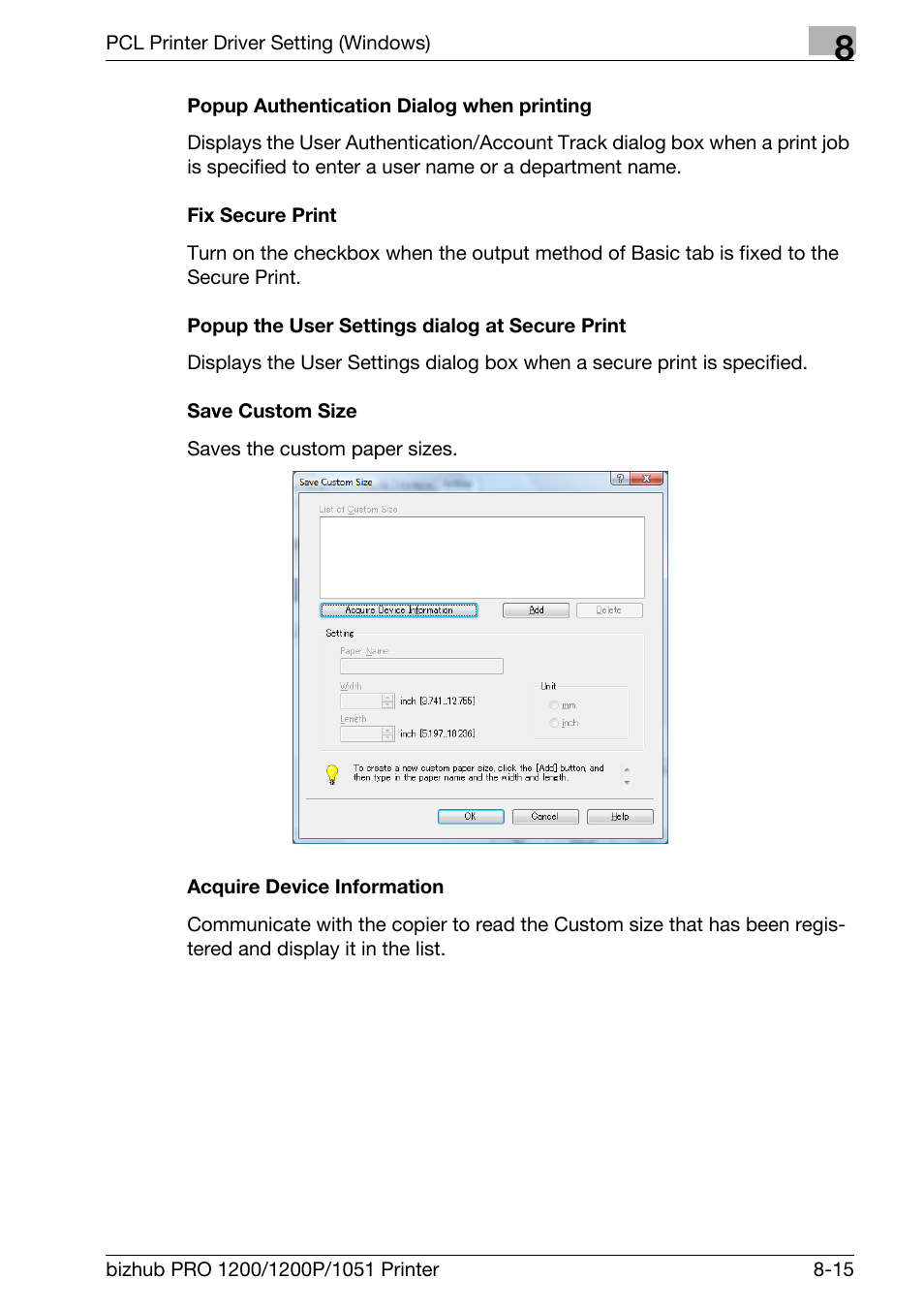 Popup authentication dialog when printing, Fix secure print, Popup the user settings dialog at secure print | Save custom size, Acquire device information | Konica Minolta bizhub PRO 1051 User Manual | Page 146 / 355