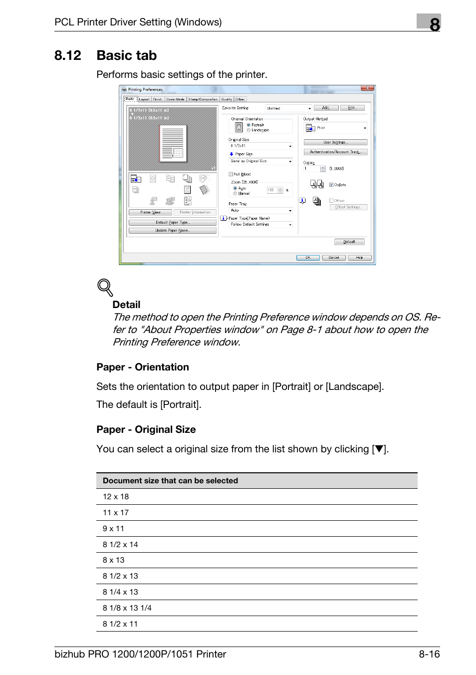 12 basic tab, Paper - orientation, Paper - original size | Basic tab -16 | Konica Minolta bizhub PRO 1051 User Manual | Page 147 / 355