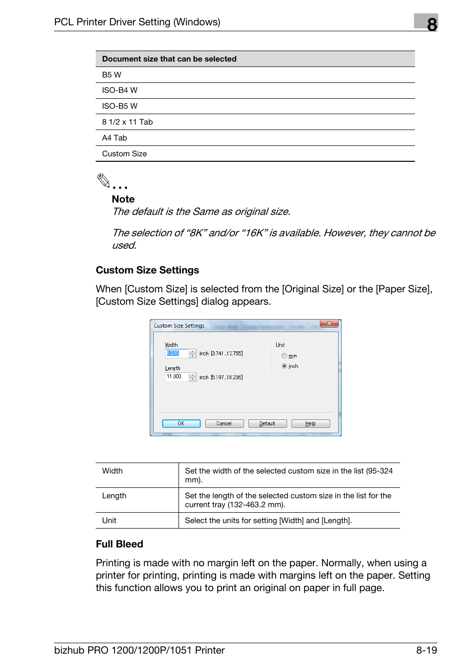 Custom size settings, Full bleed | Konica Minolta bizhub PRO 1051 User Manual | Page 150 / 355