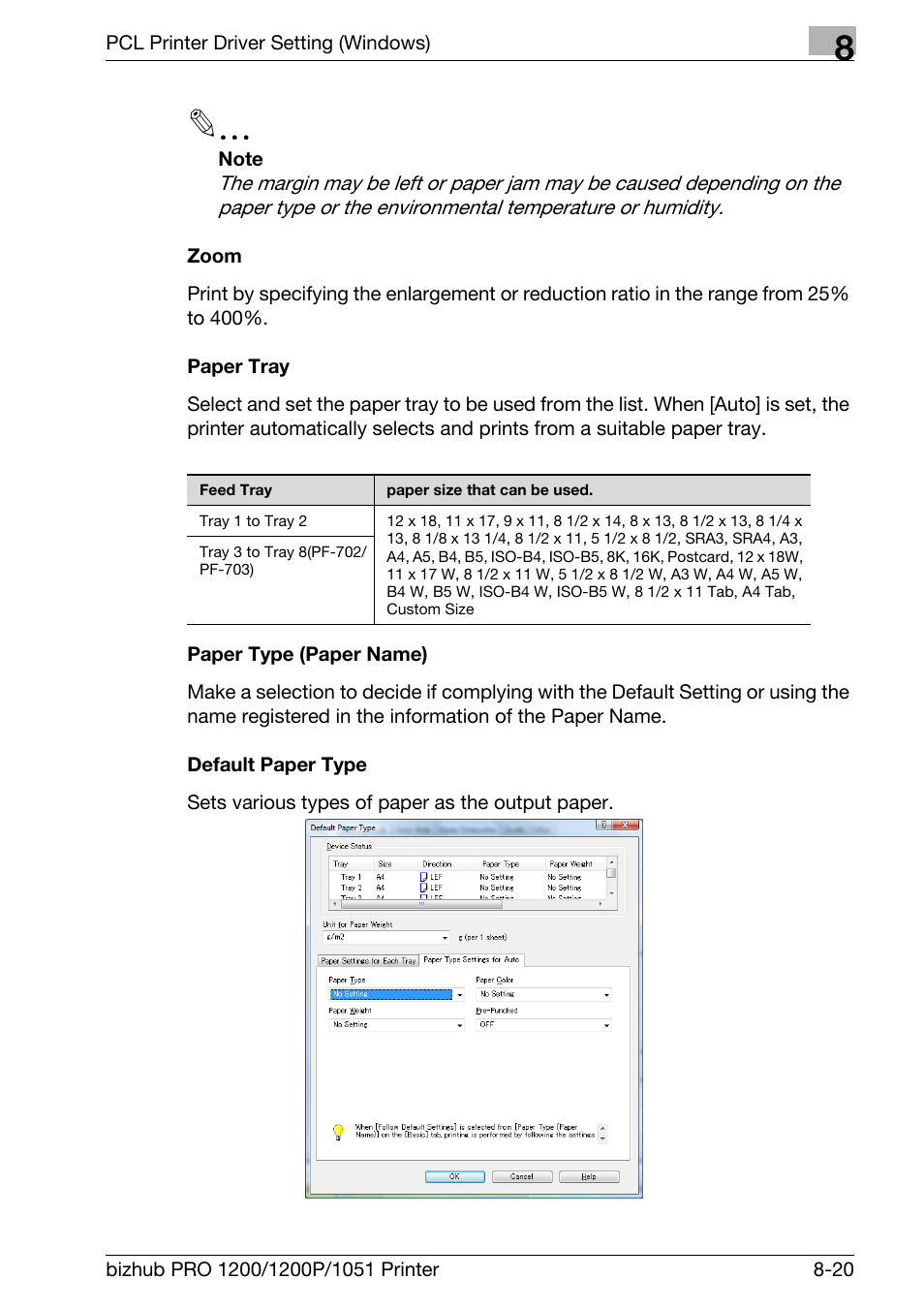 Zoom, Paper tray, Paper type (paper name) | Default paper type | Konica Minolta bizhub PRO 1051 User Manual | Page 151 / 355