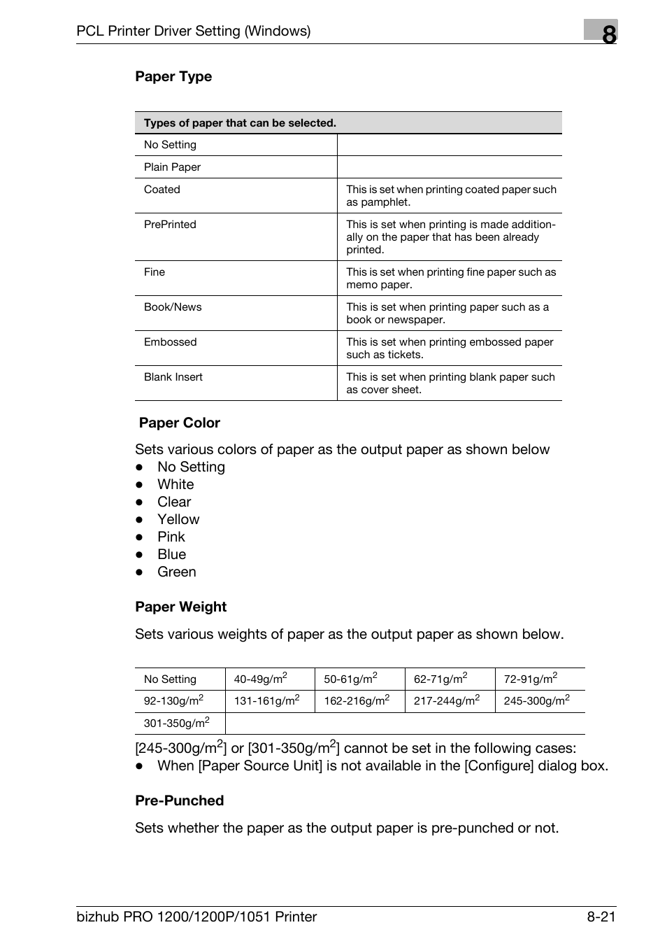 Paper type, Paper color, Paper weight | Pre-punched | Konica Minolta bizhub PRO 1051 User Manual | Page 152 / 355