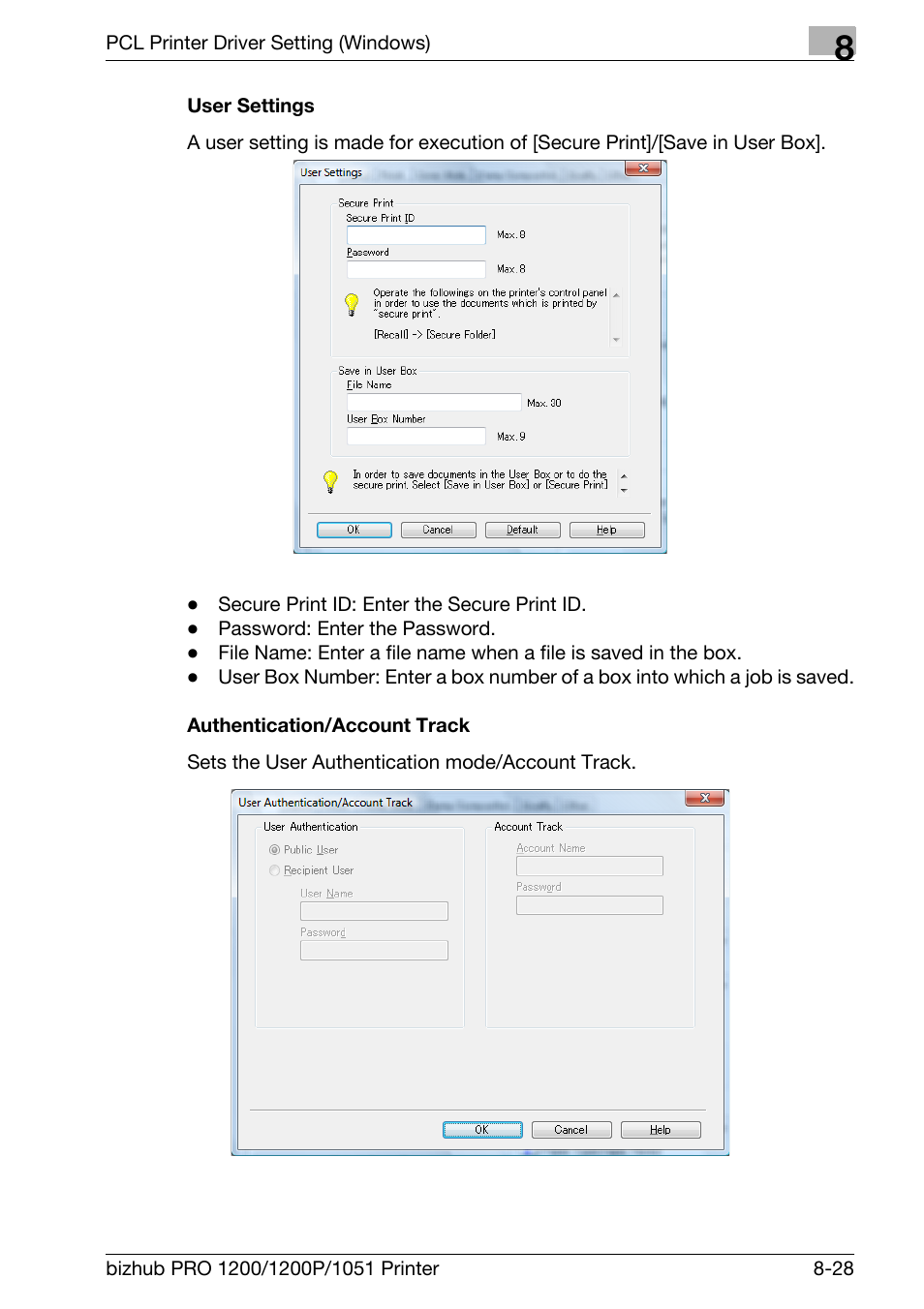 User settings, Authentication/account track | Konica Minolta bizhub PRO 1051 User Manual | Page 159 / 355